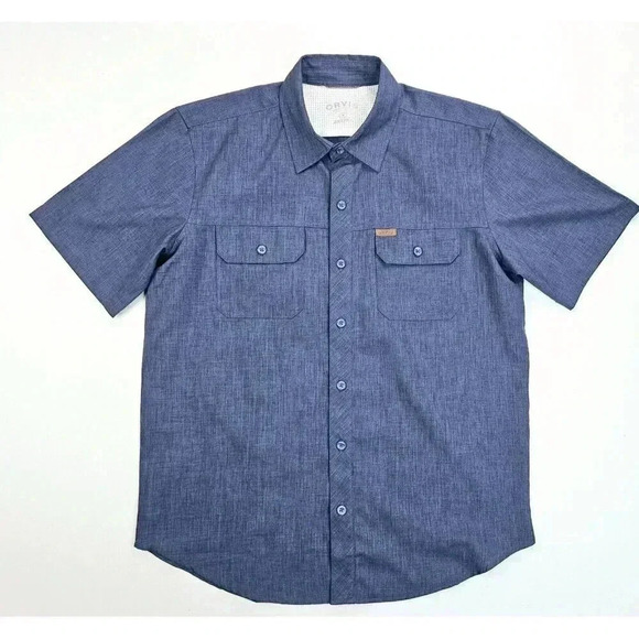 Orvis Size Medium Men's Charcoal Blue Pocket Logo Short Sleeve Polyester Shirt - Picture 1 of 12